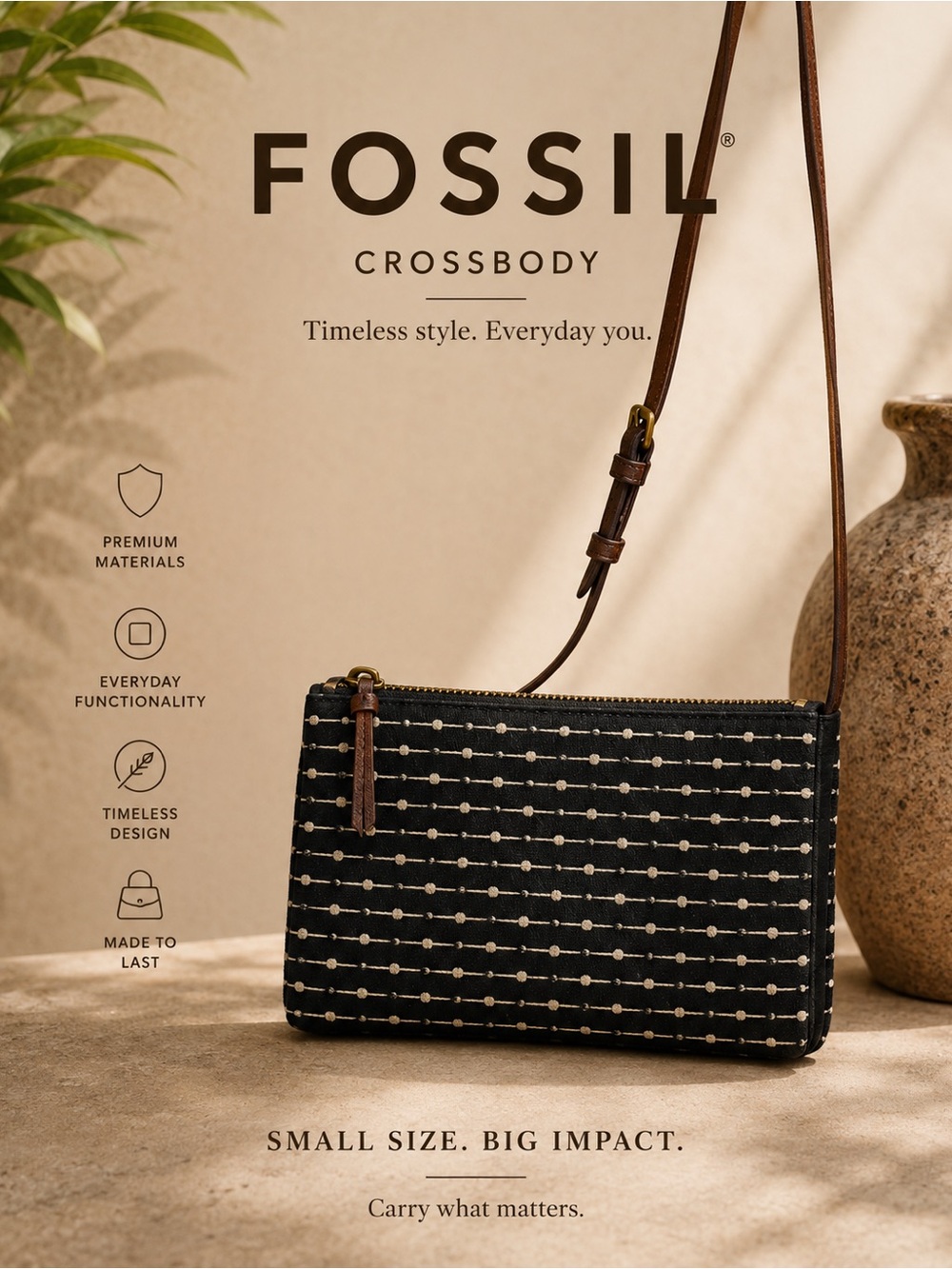 Fossil Black & White Dot Crossbody Wallet Bag Purse Travel Minimalist Casual